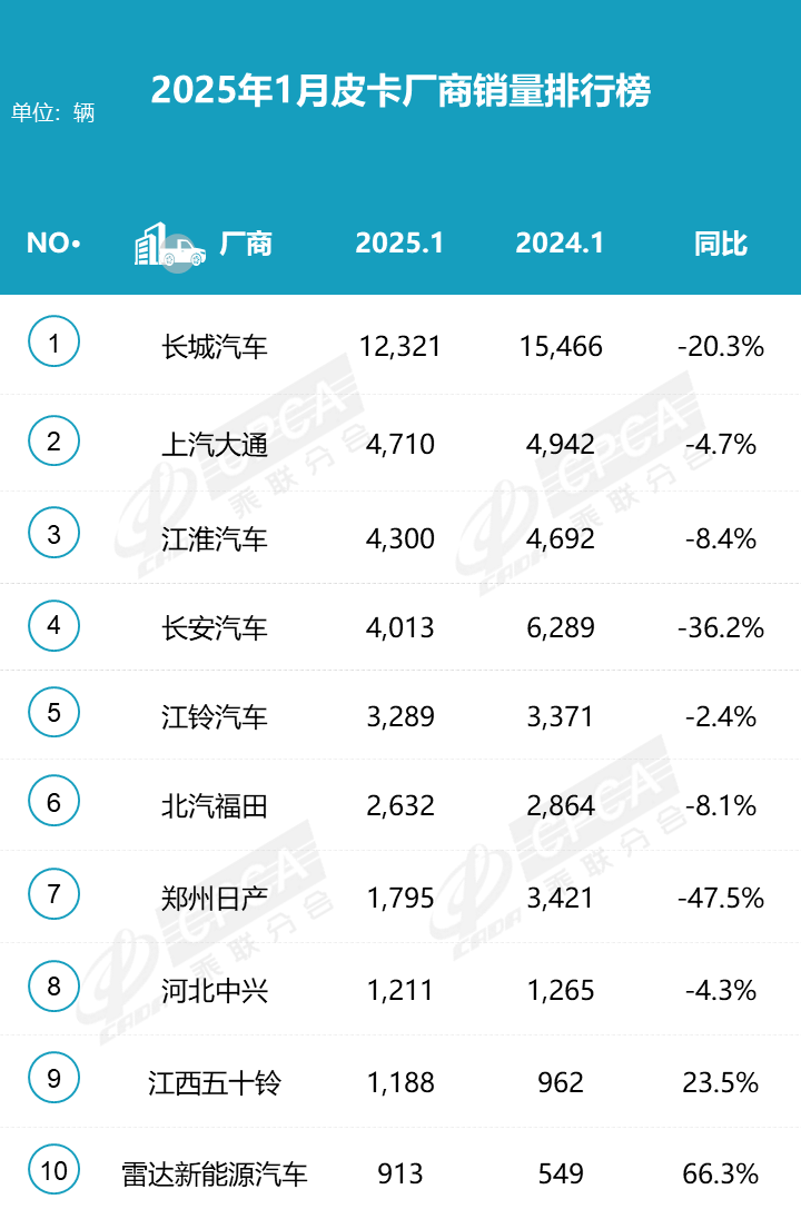 2025年1月皮卡市場數據分析 銷量排行榜 2025年1月皮卡市場數據分析 銷量排行榜